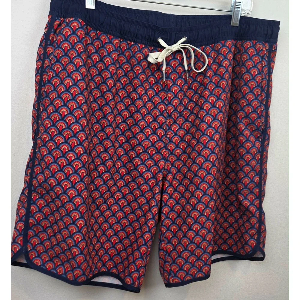Fair Harbor Men Swim Trunks Red Blue Geometric Print Board Shorts Lined Size XXL
